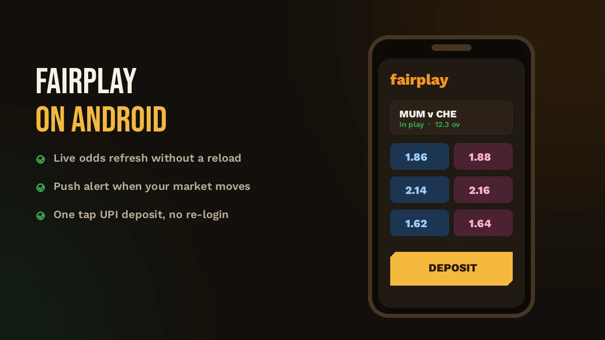 FairPlay Android app screen showing live cricket odds and a deposit button